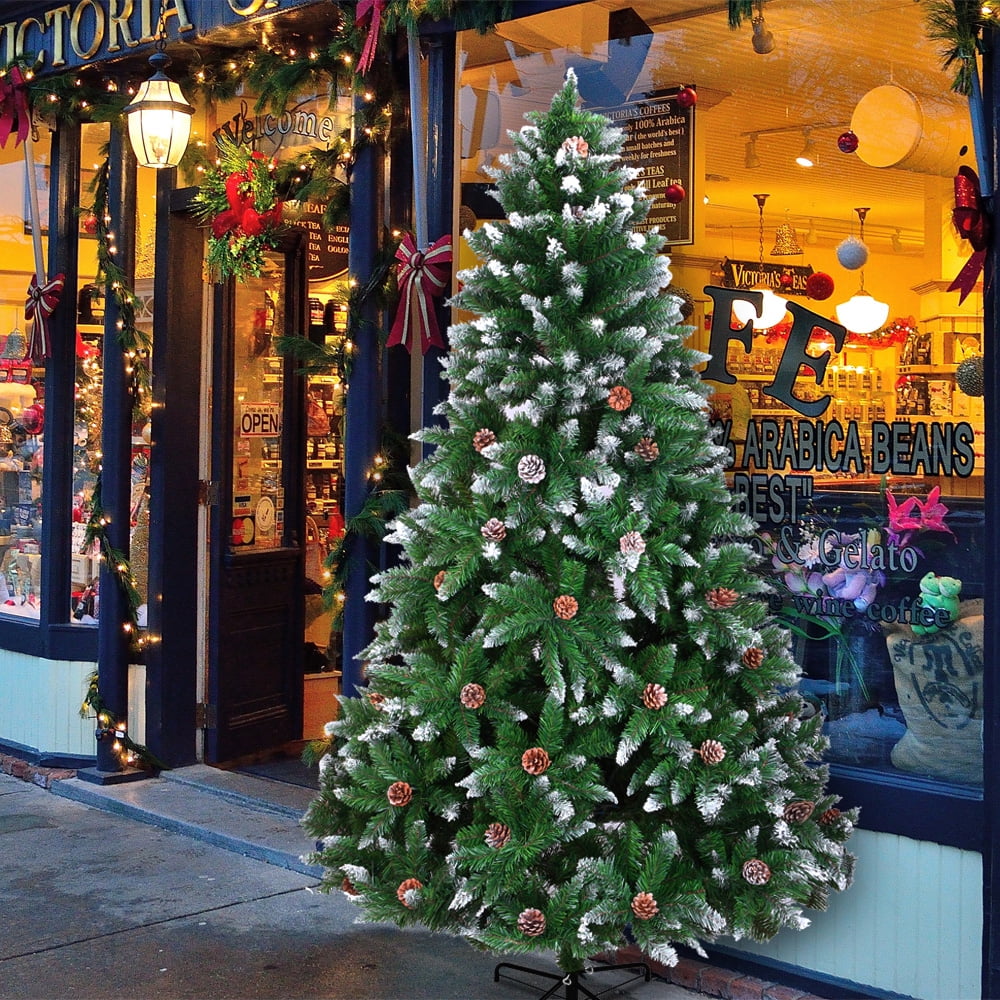SESSLIFE 7FT Green Artificial Christmas Tree, Hinges Xmas Tree with 1530 PVC Branches, 61 Pine Cones Decorations, Flocking Spray Fake Christmas Tree Party Holidays Christmas for Indoor Outdoor