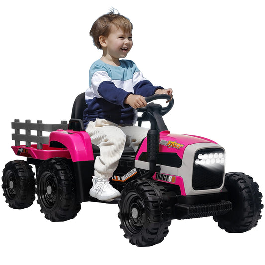 12V Kids Ride on Tractor with Trailer, Sesslife Battery Powered Ride on Car w/ Music, USB, LED Light, Horn, Electric Ride on Toy for 3-5 Ages, Outdoor Kid Pickup Truck for Girl Birthday Gift, Rose Red