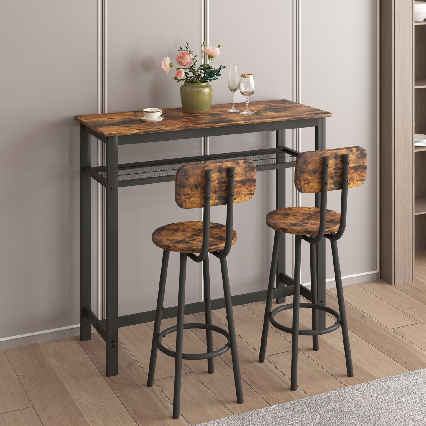 Sesslife Long Bar Table and Chairs Set, Counter Height Table and Chairs Set, Console Table with Stools, Behind Couch Bar Table, Gray