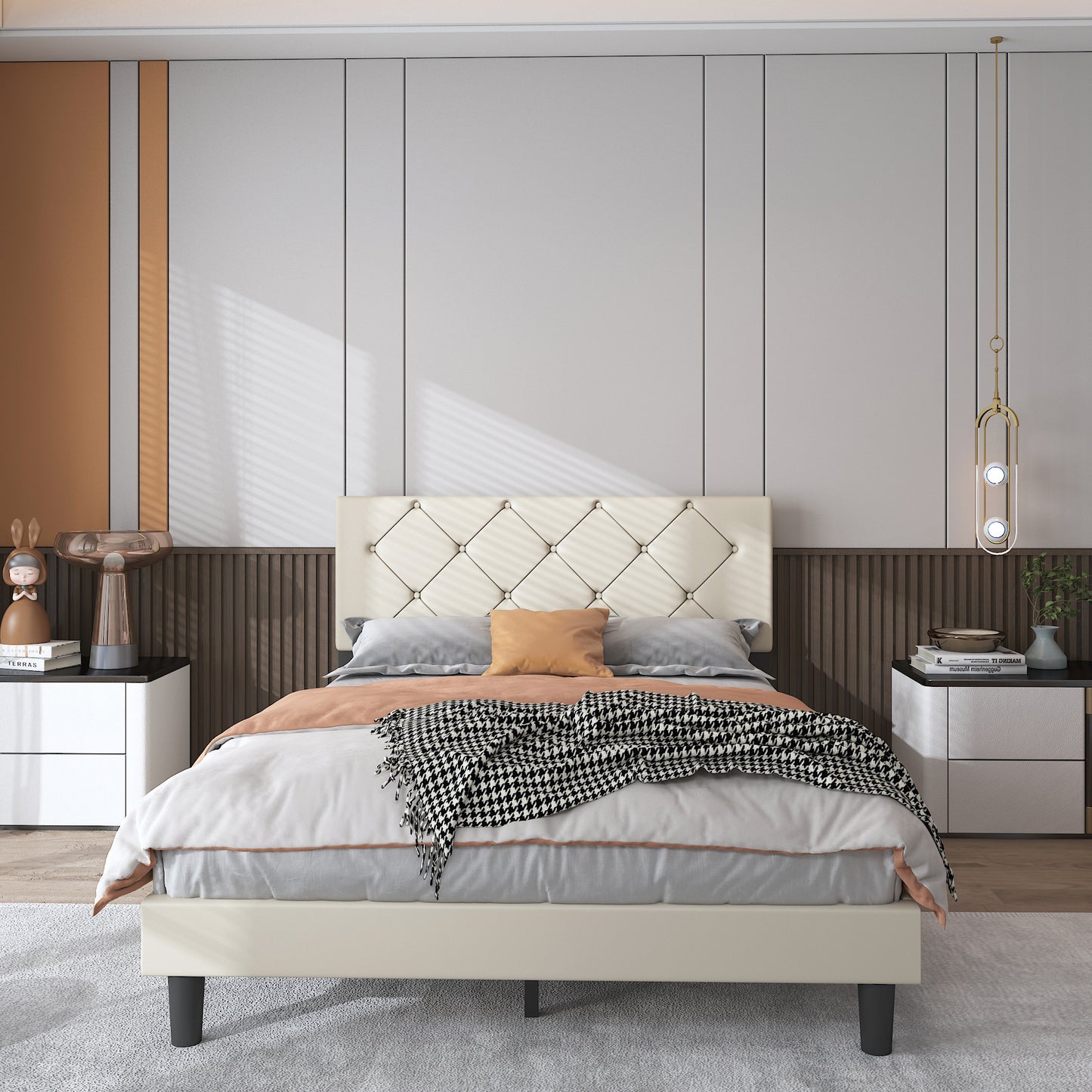 SESSLIFE Black Queen Faux Leather Bed Frame, Queen Platform Bed w/ Headboard, Adults Kids Modern Bed Frame, Mattress Foundation, No Box Spring Needed, Easy Assembly