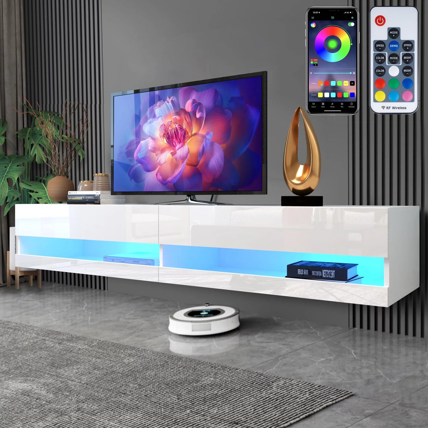 Sesslife Floating TV Stand Wall Mounted, LED Entertainment Center with Storage Cabinets, TV Stand for 80 Inch TV, Gaming Entertainment Center Console Table with Lights, Black