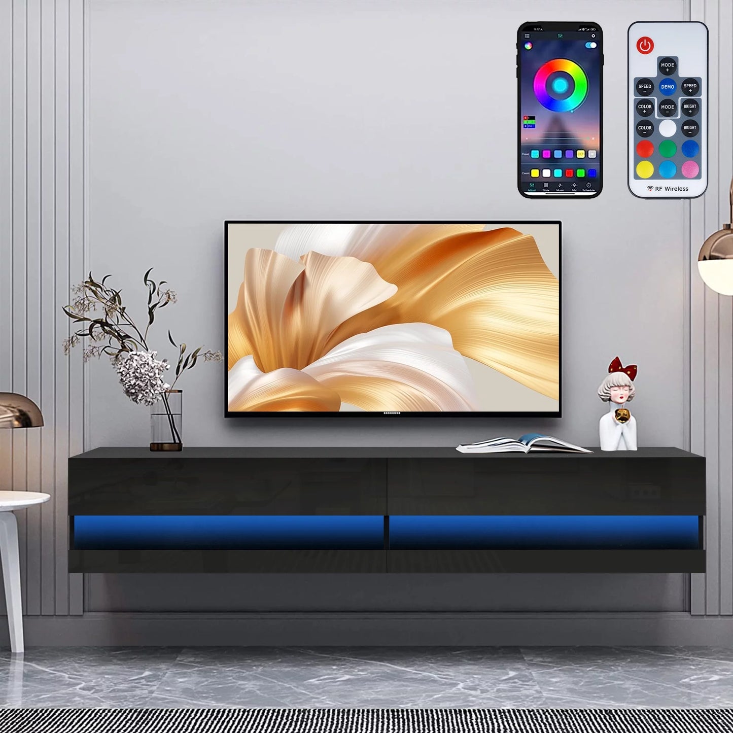 Sesslife Floating TV Stand Wall Mounted, LED Entertainment Center with Storage Cabinets, TV Stand for 80 Inch TV, Gaming Entertainment Center Console Table with Lights, Black