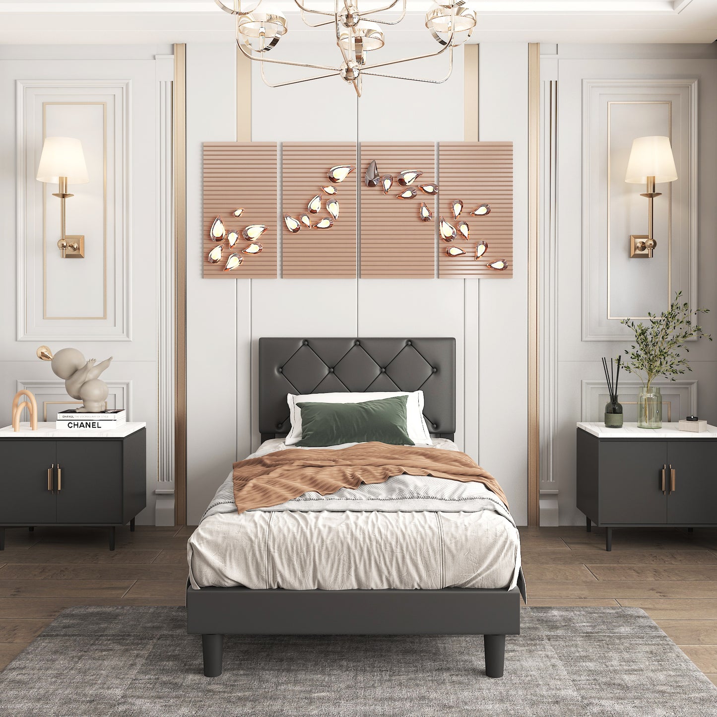 SESSLIFE Black Queen Faux Leather Bed Frame, Queen Platform Bed w/ Headboard, Adults Kids Modern Bed Frame, Mattress Foundation, No Box Spring Needed, Easy Assembly