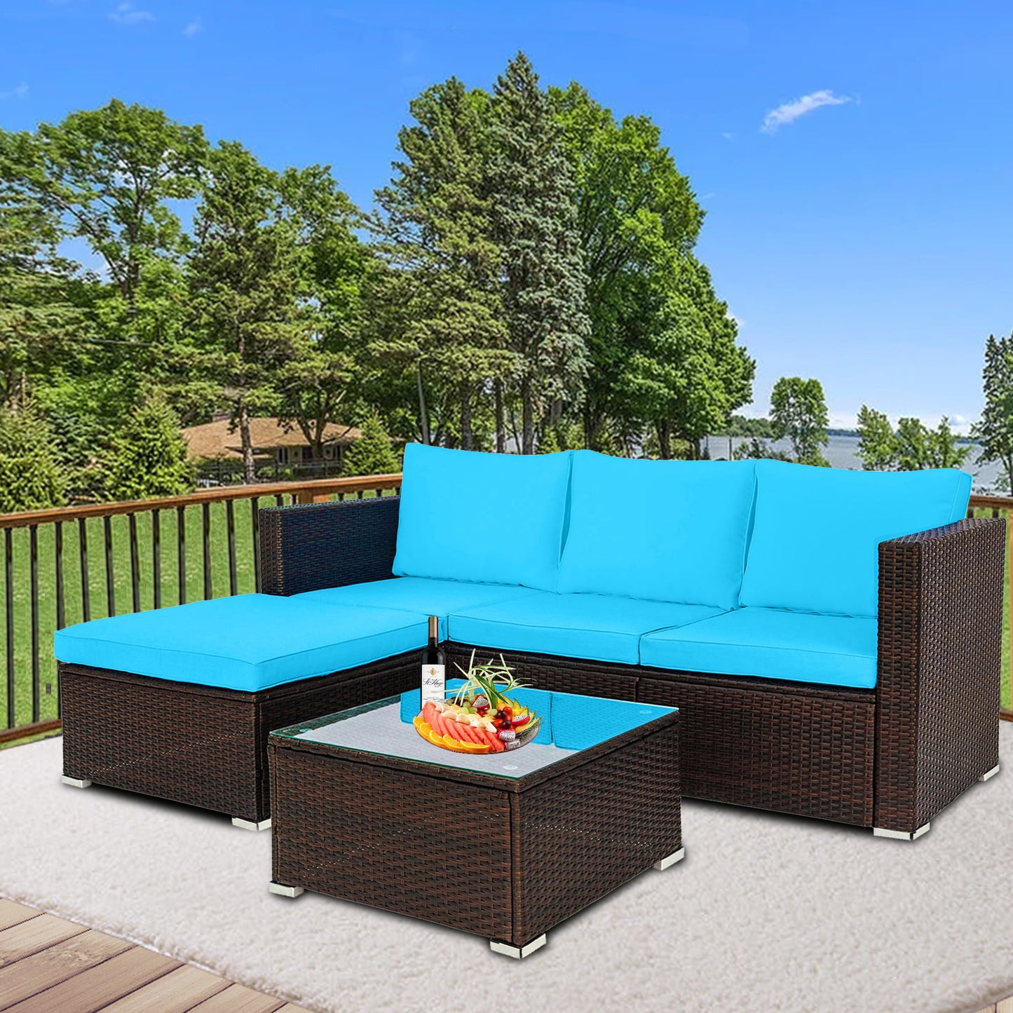 5 Piece Outdoor Furniture Set, Sesslife Patio Sectional Sofa Set with Coffee Table, Ottoman, Rattan Patio Furniture Set for 3-4, Garden Conversation Set with Blue Cushions, Steel Frame, Brown Wicker