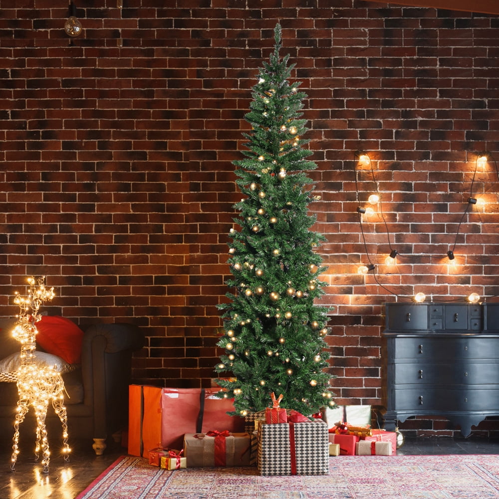 SESSLIFE Artificial Pre-lit Christmas Tree 6.5 Ft, Pencil Christmas Tree with Decoration Tied Lights, 719 Tips, Metal Stand, Flocked Christmas Tree for Home Office Store Christmas Decor, Green, X1541