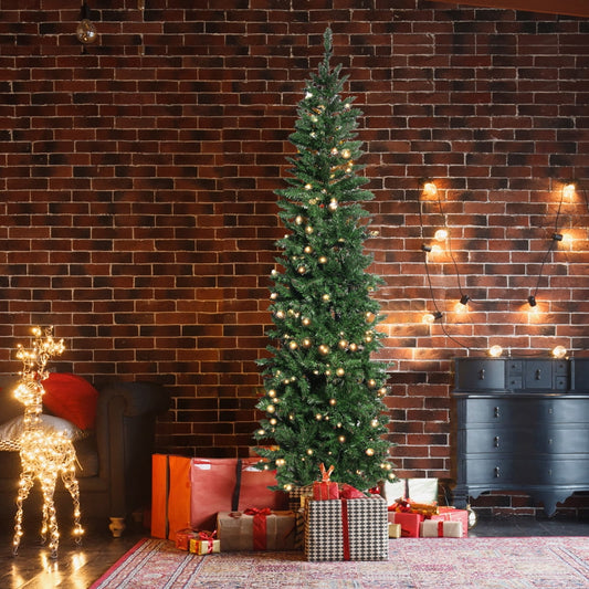 SESSLIFE Prelit Christmas Tree with Lights, 6.5Ft Artificial Christmas Tree with 719 Tips, Sturdy Stand, Flocked Christmas Tree for Holiday Decoration, Green Pencil Xmas Tree for Indoor Outdoor, X1538