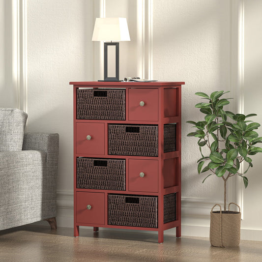 Tall Dresser for Bedroom, SESSLIFE Wooden 4 Drawer Chest with 4 Woven Pull Out Baskets, Cabinet Organizer for Hallway Entryway Living Room, Farmhouse Dresser Storage Unite, Red, X622