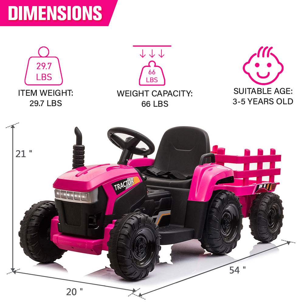 12V Kids Ride on Tractor with Trailer, Sesslife Battery Powered Ride on Car w/ Music, USB, LED Light, Horn, Electric Ride on Toy for 3-5 Ages, Outdoor Kid Pickup Truck for Girl Birthday Gift