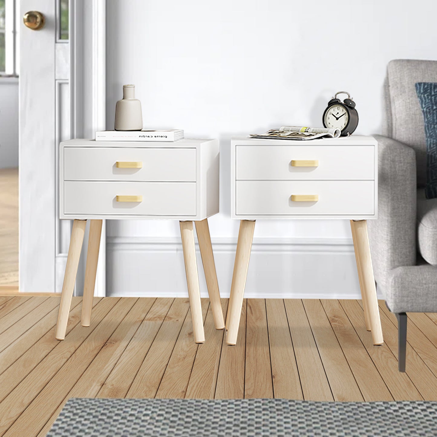 White Bedroom Nightstands Set of 2, Sesslife Wood Storage Side Table for Living Room, Modern End Table with 2 Drawers and 17.7"Lx13.8"W Large Tabletop, Four Pine Legs