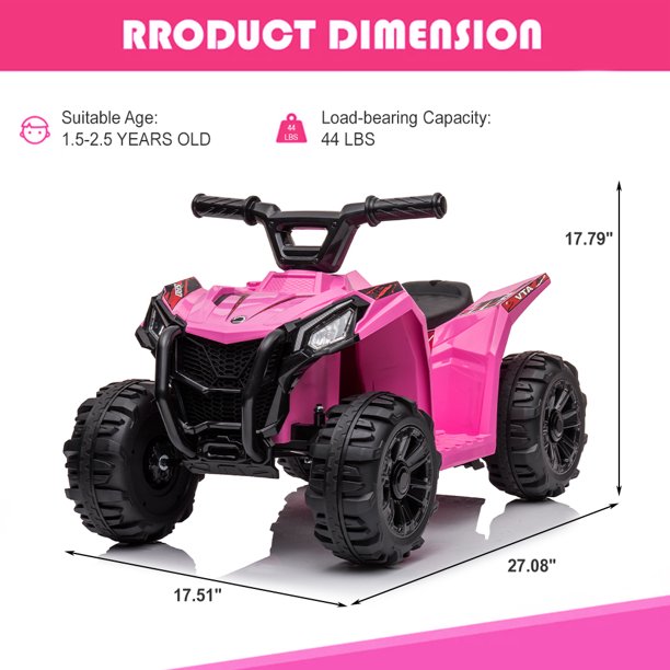 6V Ride on Car for Kids, SESSLIFE Battery Powered ATV Ride on Toys w/One-button Start, One Speed Forward, Kids' Electric Vehicles Quad for Boy Girl 18-30 Months, 1-2 Hours Ride Time, Pink