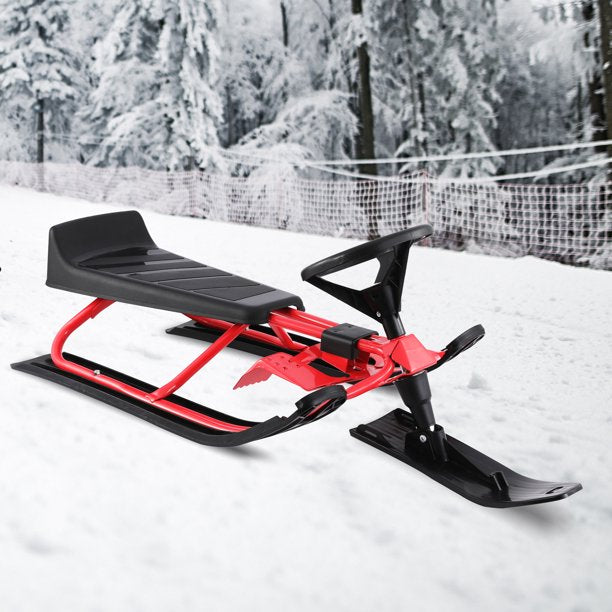 Sesslife Snow Racer Sled with Steering Wheel, Double Brakes and Pull Rope, Metal Snow Racer Sled for Kids and Adults, Red & Black