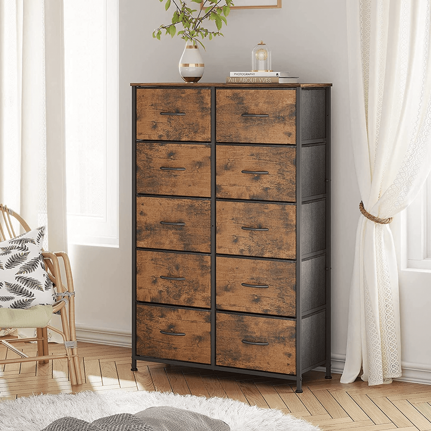 Tall Storage Dresser with 10 Fabric Drawers, Sesslife Rustic Brown Bedroom with Metal Frame and Adjustable Feet, Wood Chest of Drawers Storage Tower for Bedroom Living Room Hallway