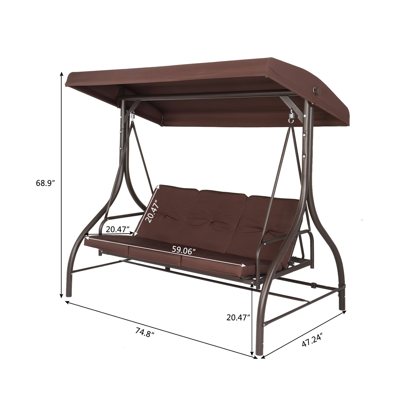 Patio Swings with Canopy, 3-Seater Outdoor Canopy Swing for Adults, Canopy Swing Glider for Porch Garden Poolside Backyard, Brown