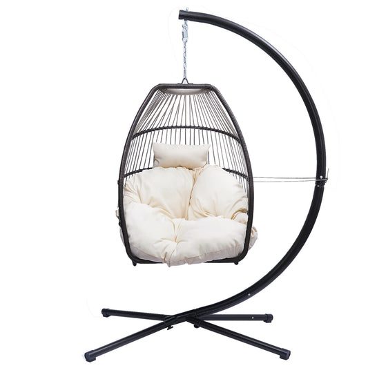 Folding Swing Chair, Sesslife Patio Wicker Furniture Egg Chair with Stand, Cushion and Pillow, Steel Frame Hanging Chair for Bedroom Patio Balcony, 250-pound Weight Capacity, White, X3295