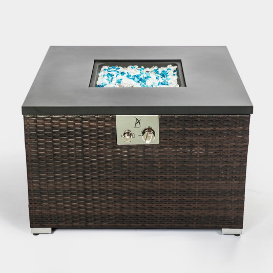 Outdoor Gas Fire Pit, SESSLIFE 32" Square Brown Wicker Propane Fire Table, Ceramic Tile Tabletop Fire Pit with 40,000BTU Stainless Steel Burner/Rocks/Metal Lid/Waterproof Cover/Free Ignition, X930