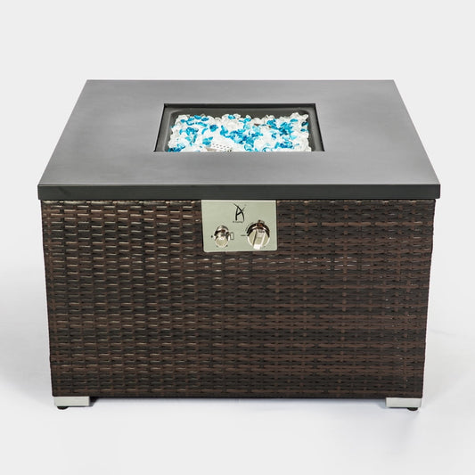 Outdoor Gas Fire Pit, SESSLIFE 32" Square Brown Wicker Propane Fire Table, Ceramic Tile Tabletop Fire Pit with 40,000BTU Stainless Steel Burner/Rocks/Metal Lid/Waterproof Cover/Free Ignition, X930