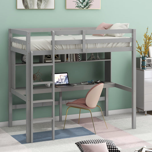 Twin Loft Bed with Desk, Sesslife Wood Loft Bed with Storage Shelves, Space Saving Bed Frames with Ladder and Safety Guard Rails for Boys Girls Kids Teens Dorm Bedroom, Gray