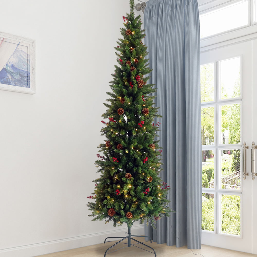 SESSLIFE 7.5ft Artificial Holiday Christmas Tree, Green Pencil Xmas Tree for Home Office Party Holiday Decoration, Slim Pre-lit Christmas Tree w/300 LED Lights, 900 Tips, Foldable Metal Base, X1348