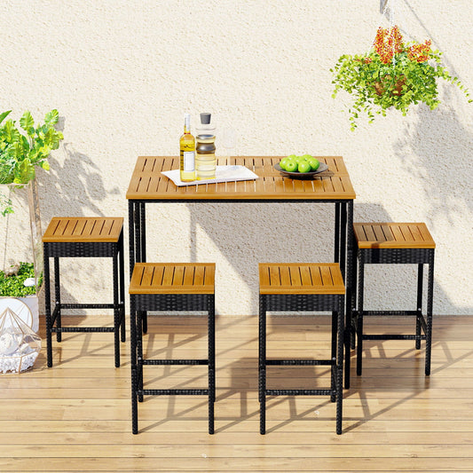 Sesslife PE Wicker Patio Dining Set, 5-Piece Outdoor Bar Table Set with Acacia Wood Tabletop and 4 Stools, High-Dining Bistro Set for Patio Garden Yard, Foldable Tabletop Design, Brown