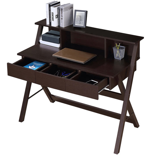 Computer Desk with 3 Drawers, Sesslife Wood Writing Desk with 3 Compartments and Top Storage Shelf, Office Desk Study Workstation with Compact X-shaped Legs for Home Office Bedroom, Brown