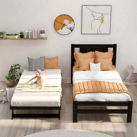 SESSLIFE Platform Bed with Adjustable Trundle, Wood Twin Bed Frame with Headboard for Kids Teens Adult, Convertible 2-in-1Modern Beds for Bedroom Guest Room, No Box Spring Needed, Espresso, X2149