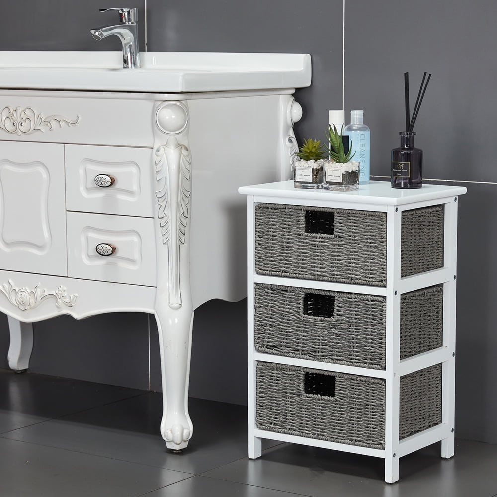 White Nightstand with 3 Basket Drawers, Sesslife Wood Bedside Tables for Hallway, Accent End Tables Bedroom, Dresser Storage Tower with Wood Top, Organizer Unit for Closets, Grey, X2988