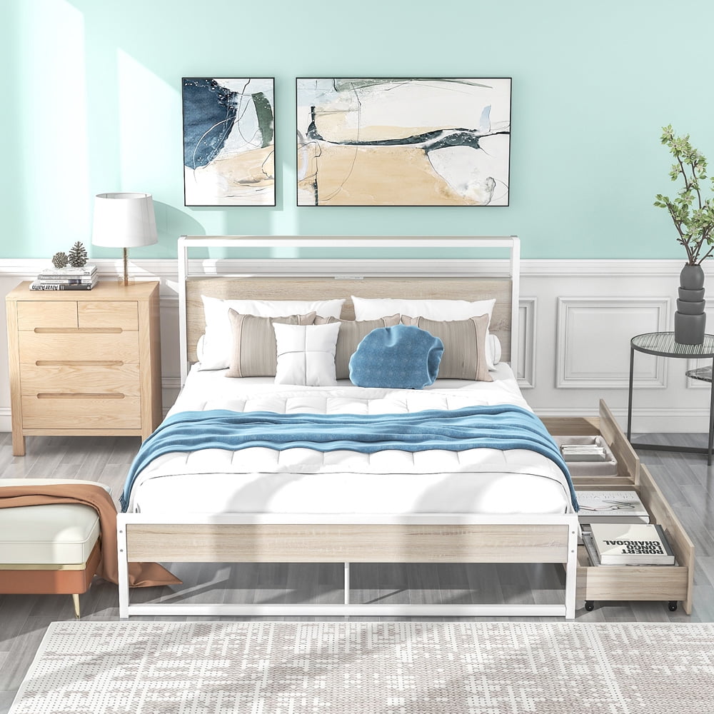 Sesslife Queen Bed with 2 Drawers, Queen Size Metal Platform Bed Frame with Sockets and USB Ports, Modern Rustic Bed Frame No Box Spring Needed, 770 LBS Capacity Bed with for Kid Teen Adult, White