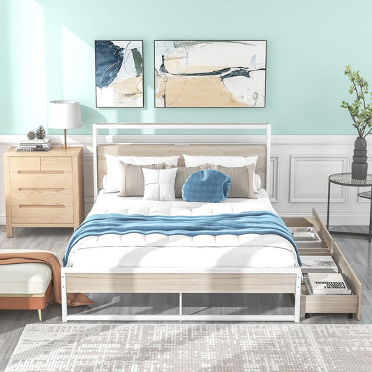 Sesslife Queen Bed with 2 Drawers, Queen Size Metal Platform Bed Frame with Sockets and USB Ports, Modern Rustic Bed Frame No Box Spring Needed, 770 LBS Capacity Bed with for Kid Teen Adult, White