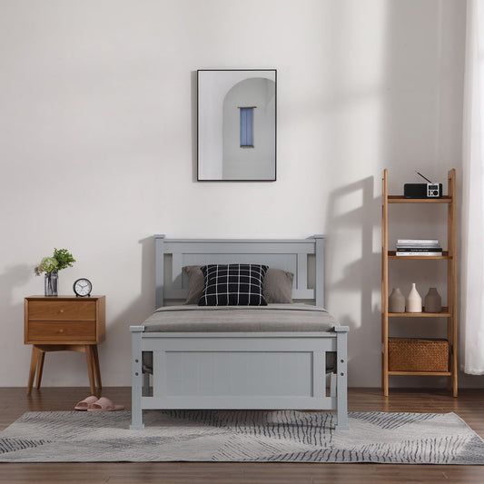 Sesslife Modern Solid Wood Twin Bed, Platform Bed with Headboard and Footboard, Twin Size Bed Frame for Kids, No Box Spring Needed, Gray