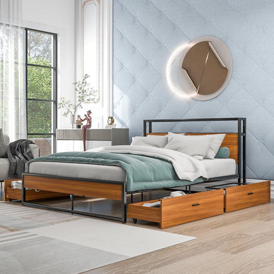 Sesslife Platform Bed Queen Size, Metal Bed Frame with 4 Drawers for Bedroom, Modern Industrial Black Bed Frame with Sockets and USB Ports, Storage Queen Bed No Box Spring Needed, 770 LBS