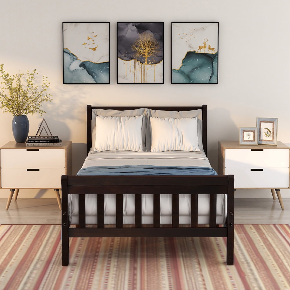 SESSLIFE Twin Platform Bed, Pine Wood Bed Frames with Headboard and Footboard, Twin Size Beds No Box Spring Needed, Modern Bed for Boys Girls Room, 79" L X 41.3" W X 35.4" H, Espresso, X3305