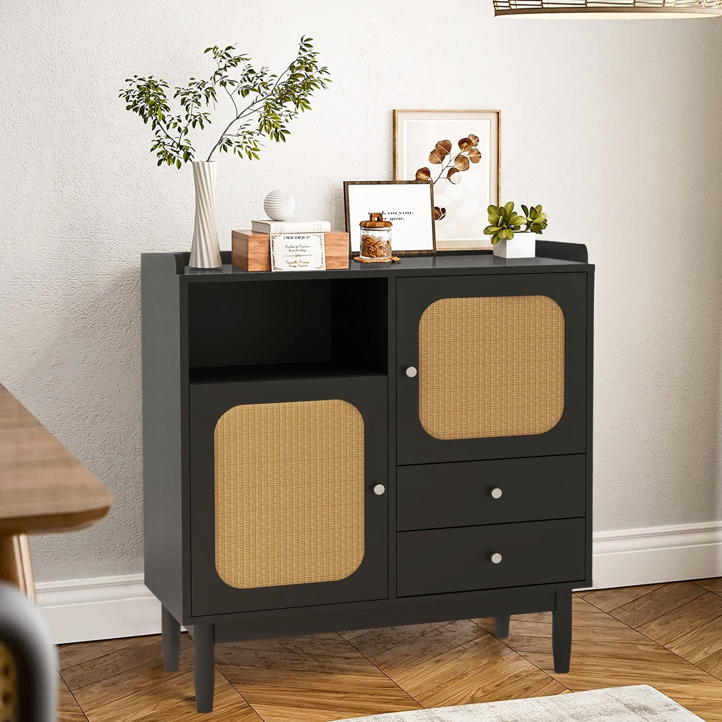 Storage Cabinet with Drawers, Sesslife Wood Sideboard Display Buffet with 2 Woven Cane Doors, 1 Storage Shelf, Black