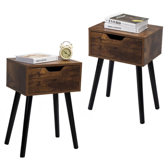 Sesslife Rustic Night Stands Set of 2, Wood Side Tables with Drawer, Mid Century Nightstand with Splayed Legs, Nonslip Foot Mats, Rustic Brown Bedside Table, 23.23" H End Table Set of 2