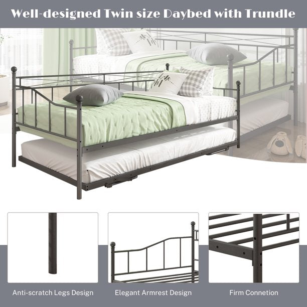 Twin Daybed with Trundle, SESSLIFE Metal Daybed Frame with Pop Up Trundle, No Box Spring Needed, Twin Size Sofa Bed with Steel Slats Support for Living Room Office, Black