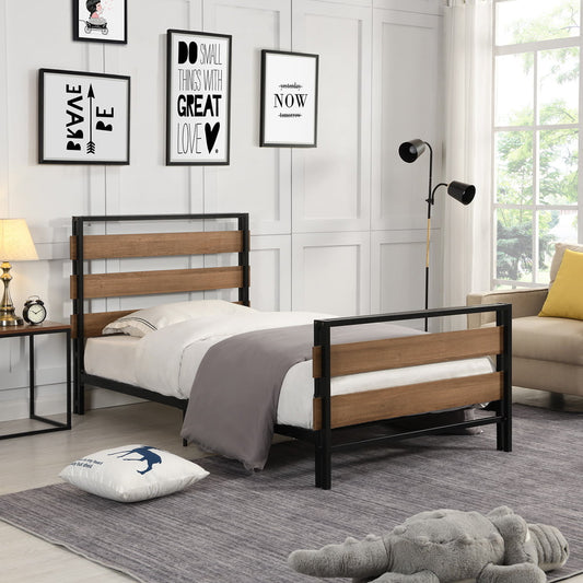 SESSLIFE Twin Bed Frames, Metal Platform Bed with Wooden Headboard and Footboard, Twin Size Bed Frame No Box Spring Needed, Bedroom Mattress Foundations, Easy Assembly, Black, X2813