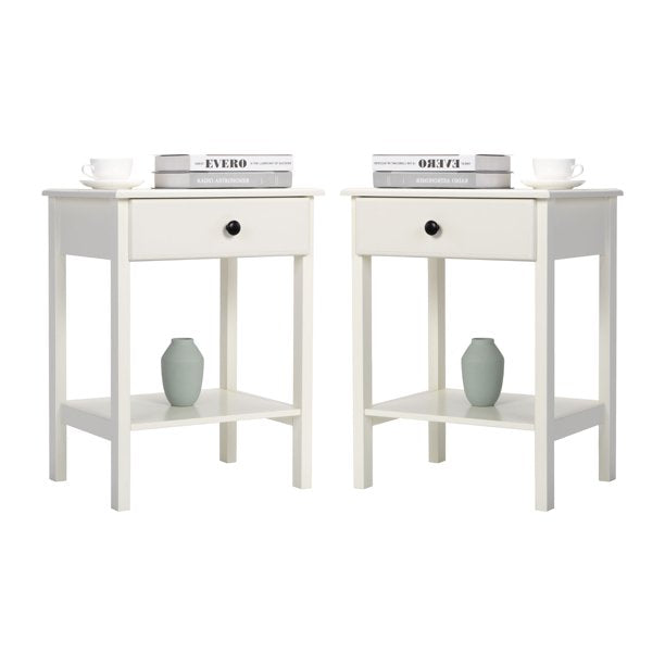 Bedside Table with Drawer, SESSLIFE White Nightstand Set of 2, End Tables for Living Room Bedroom, Modern Wooden Night Stands with Storage Shelf, 18.1 x 13.8 x 24.01 inches, X1056