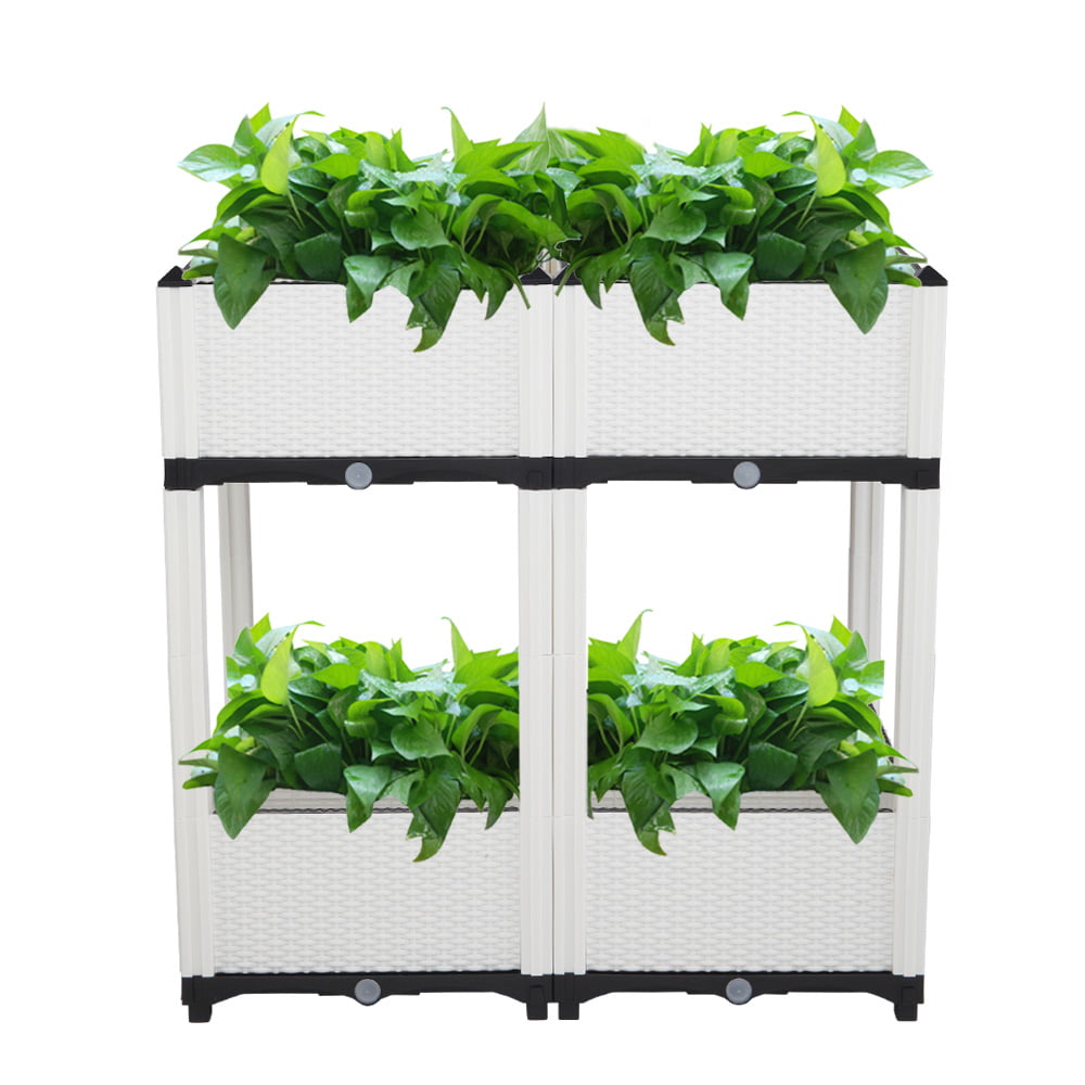 Sesslife Plastic Elevated Planter Box, Raised Garden Bed with Self-Watering & Drainage Holes for Flower Vegetable Grow, Free Splicing Planter Box Set of 4, White