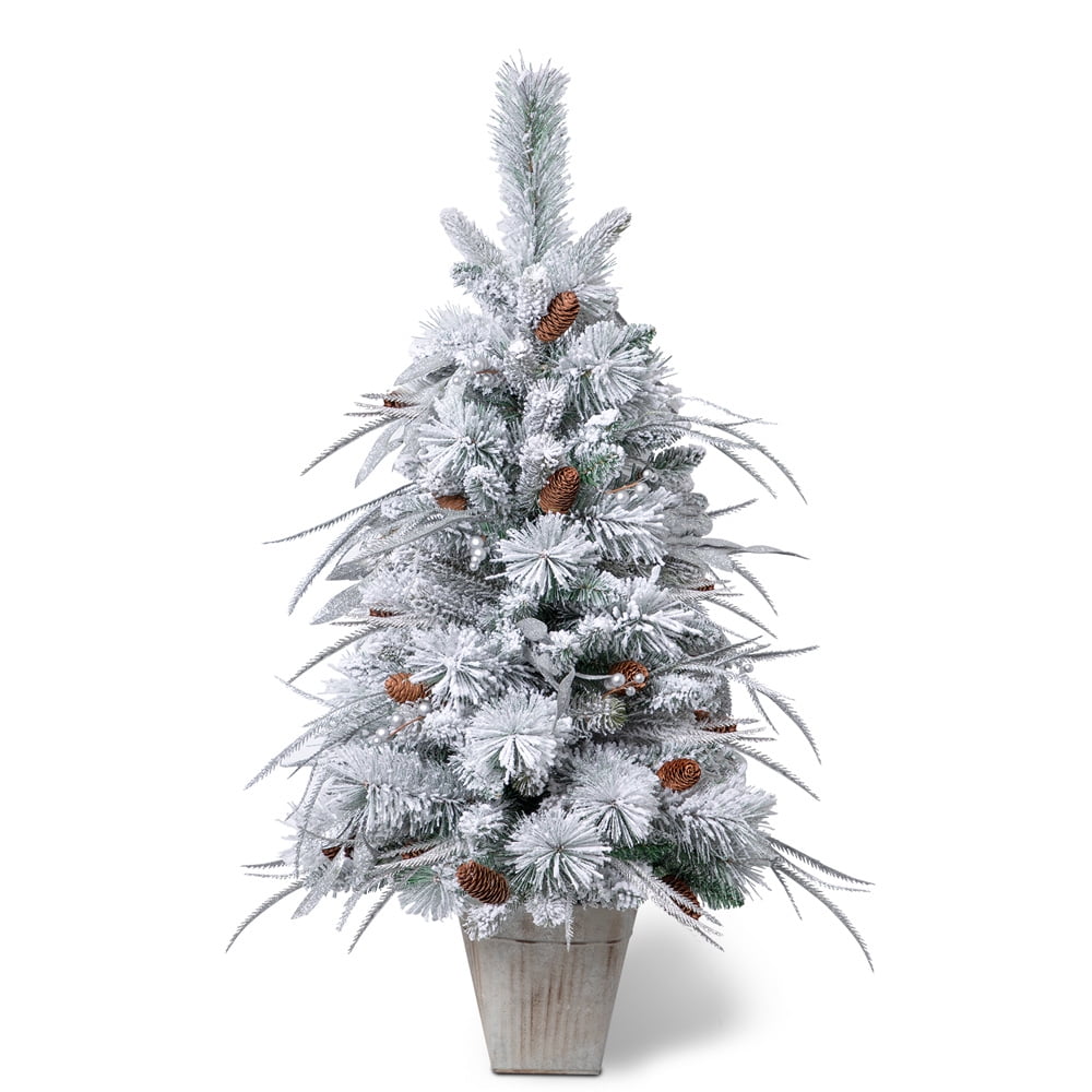 Mini Christmas Tree for Tabletop, SESSLIFE 3.5FT Table Top Potted Christmas Trees with Pine Cones, White Snow Frosted Christmas Tree for Desktop Fireplace, Indoor Christmas Decorations, X1258