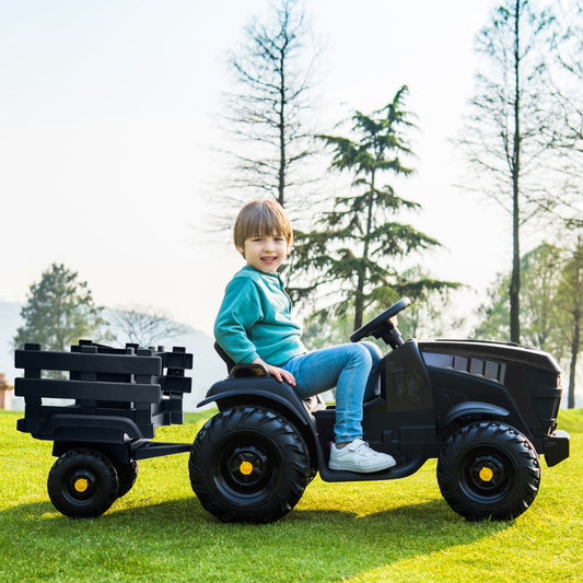 Kids Ride on Tractor Toy with Detachable Trailer, SESSLIFE 12V Electric Ride on Car with Multi-point Seat Belt, MP3 Player, Radio, 3-5 Years Old Boys Girls Ride on Toy for Birthday Gift, Black, X1442