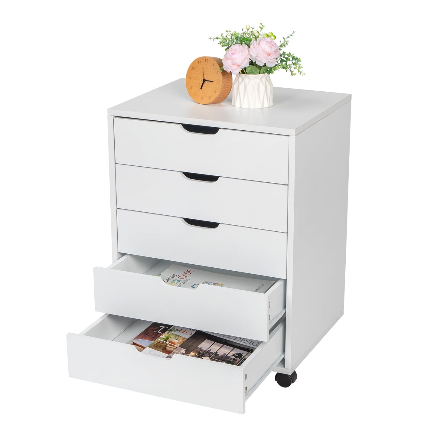 White Dresser with 5 Drawers, Sesslife Wood Dresser for Bedroom Living Room Office, 26.3" Tall Dresser with Removable 360¡ã Casters, Modern Nightstand, Space Saver Standing Organizer