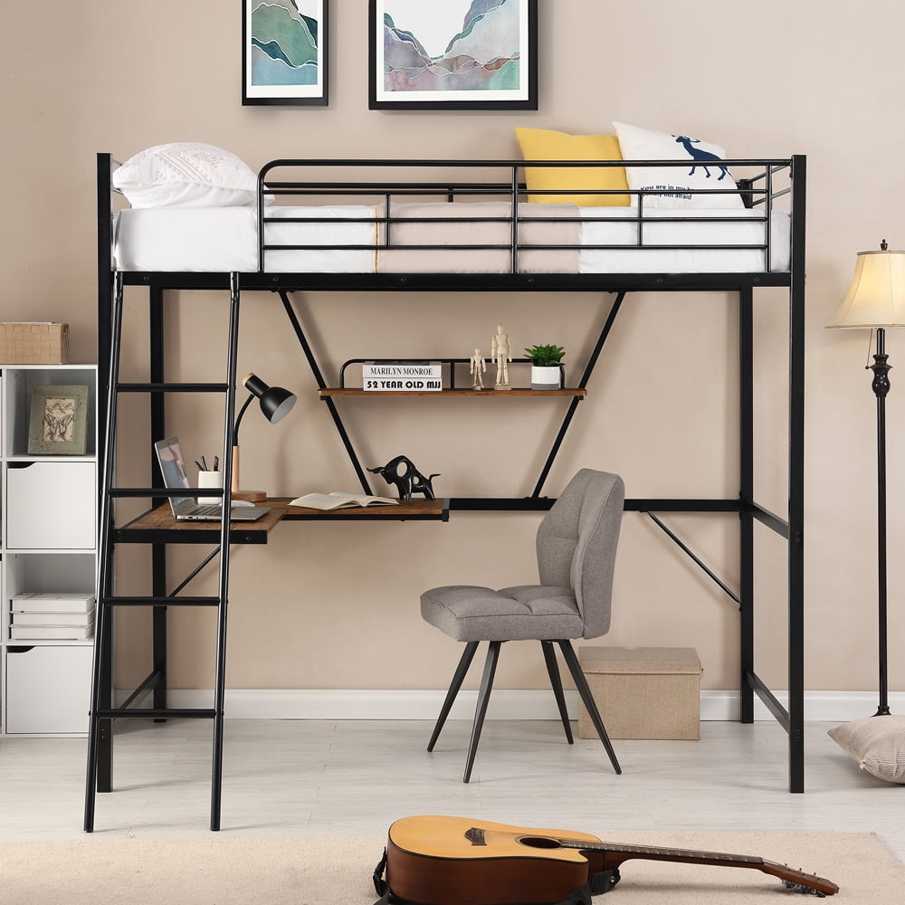 Metal Loft Bed Twin Size, SESSLIFE Twin Loft Bed with L-shaped Desk and Shelf£¬ Full-lenghth Guardrails, Two Sides Ladders, Bedroom Furniture Small Space Loft Bed for Dorm Kids Teens Room, Black