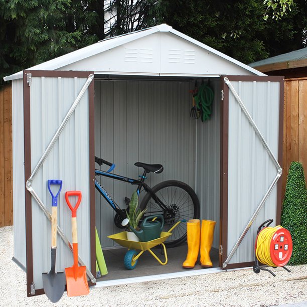 Sesslife Tool Storage Shed, 6 x 4 Ft Storage House with Vents, Hooks, Galvanized Steel Garden Shed with Hinged Door and Padlock, 75.6" Tall Verticle Outdoor Storage Shed for Patio Lawn Backyard, White