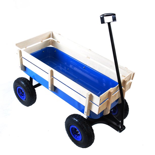 Sesslife Steel Utility Cart with Removable Wood Sides, Garden Wagon with 10" Tires, Extra-long Handle, 176-lbs. Capacity, Red Wagons for Kids Adults Use, Outdoor All-terrain Beach Wagon, Blue