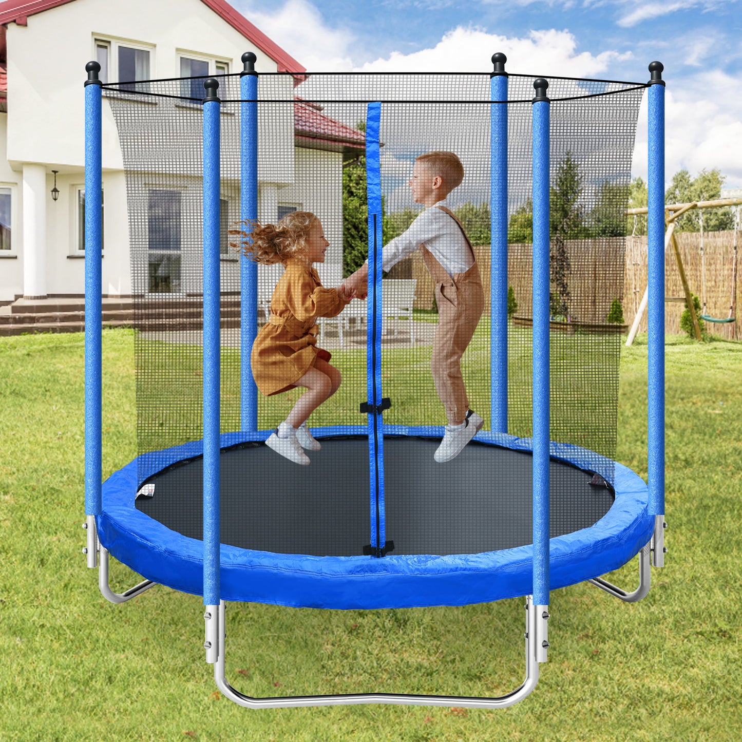 14FT Trampoline with Enclosure, Upgraded Kids Trampoline with Basketball Hoop and Non-slip Ladder, Backyard Patio Family Outdoor Recreational Trampoline