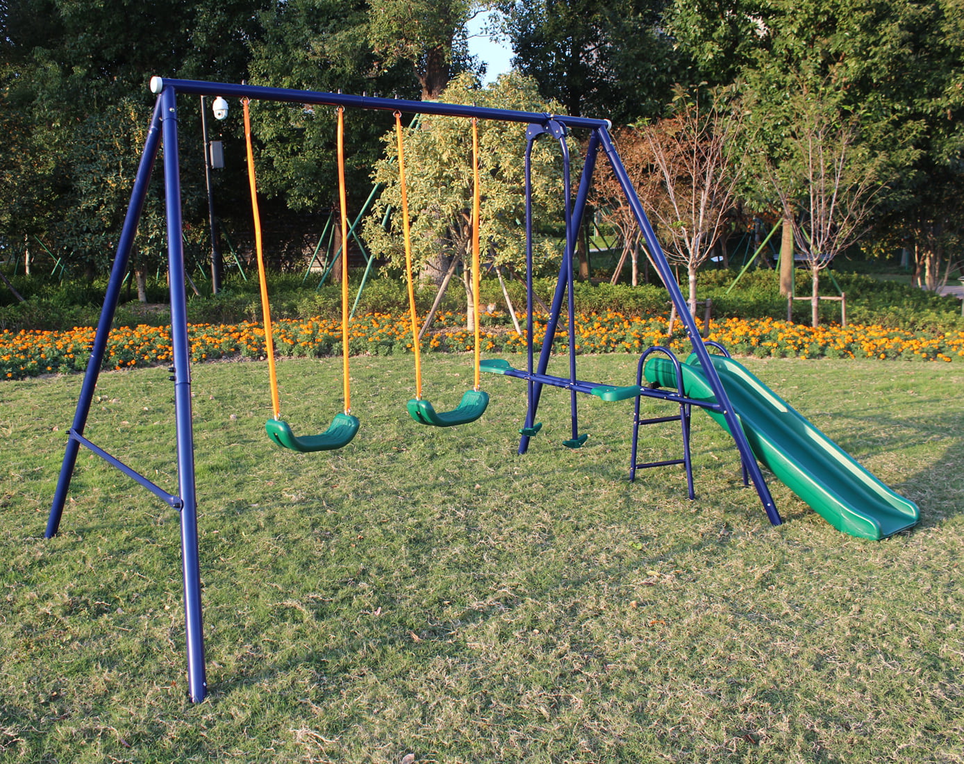 Metal Swing Set for Outside, Kids Backyard Swing Set with Swing Chair, Glider, Ground Nail, 3 In 1 Outdoor Swing Set