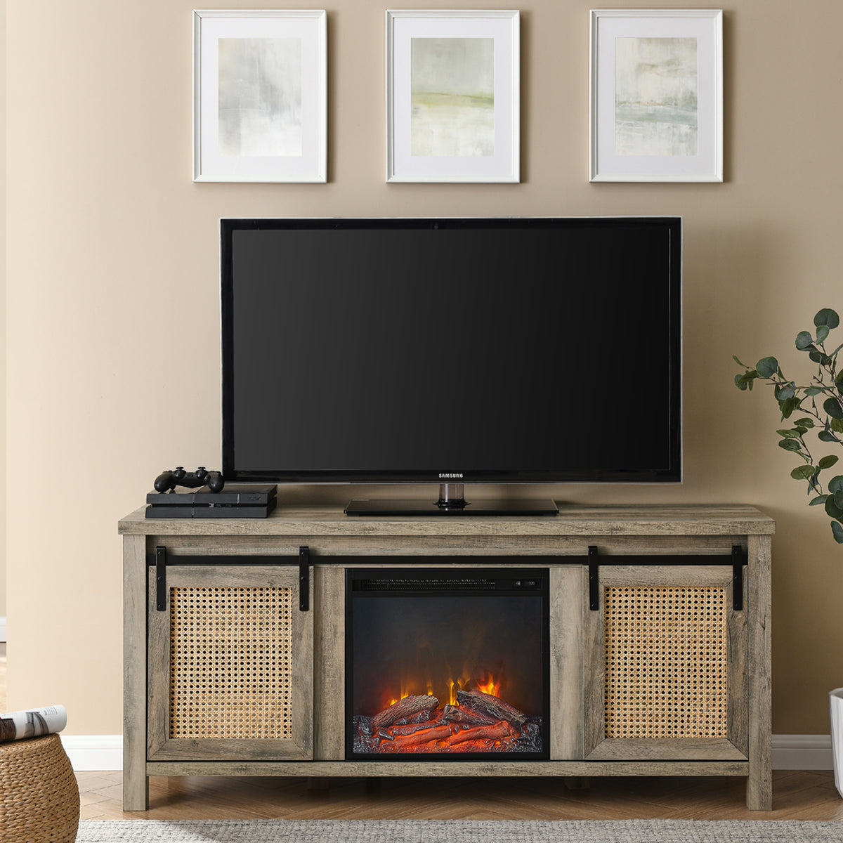 58" Electric Fireplace Heater TV Stand for 65" TVs, Wood Fake Fireplace Heater, Brown Electric Fireplace Entertainment Center with Doors and Adjustable Shelf