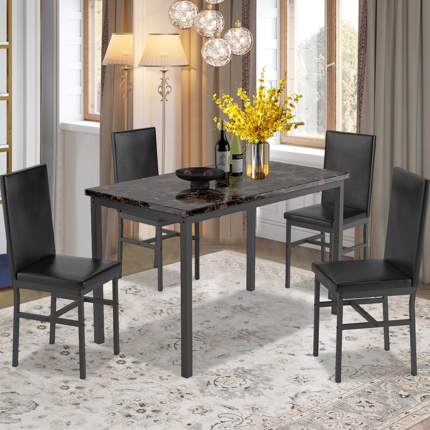 Kitchen Dining Table Set for 4, 5 Piece Wood Dine Set, 4 Linen Fabric Soft Chairs, Modern Kitchen Table and Chairs Set, White Kitchen Sets for Home Restaurant Pub