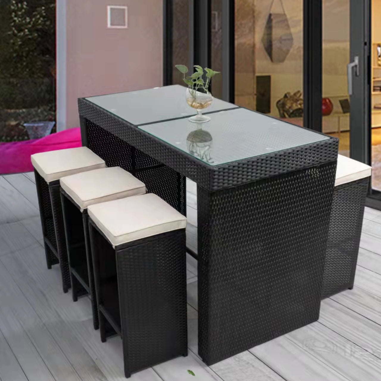 Bar Height Outdoor Dining Table Set for 4, Brown Rattan Patio Furniture Dining Table with 4 Stools, Lawn Garden Balcony Sectional Conversation Set