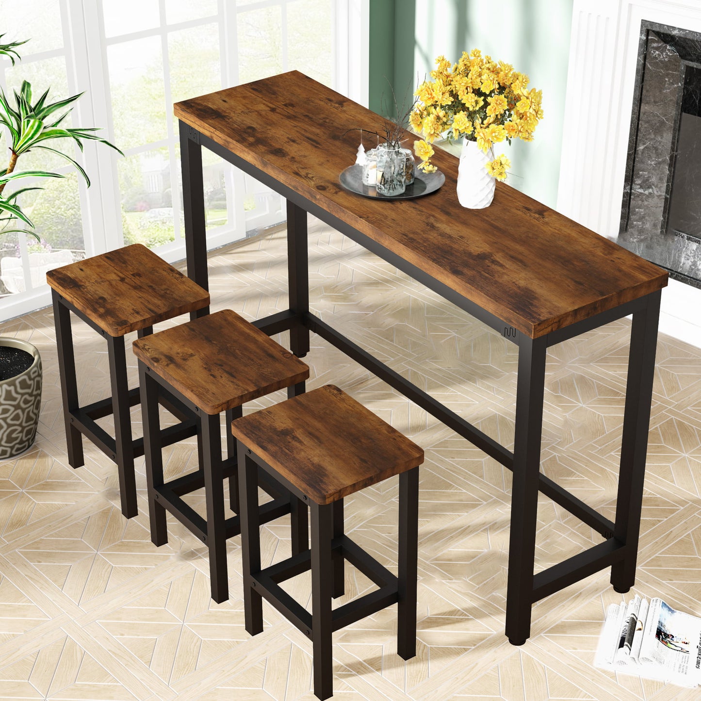 Small Kitchen Table Set for 3, Modern Dining Room Table Set with 3 Stools, Extra Long Bar Table Set, Wooden Pub Table, and Chairs Set, Saving Space Patio Restaurant Bistro Table Set, Brown