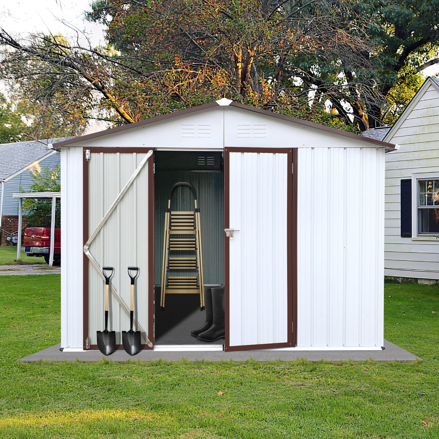 Outdoor Shed with Lockable Door Large Outdoor Storage Cabinet, White Metal Shed for Garden Backyard, 8' x 6'